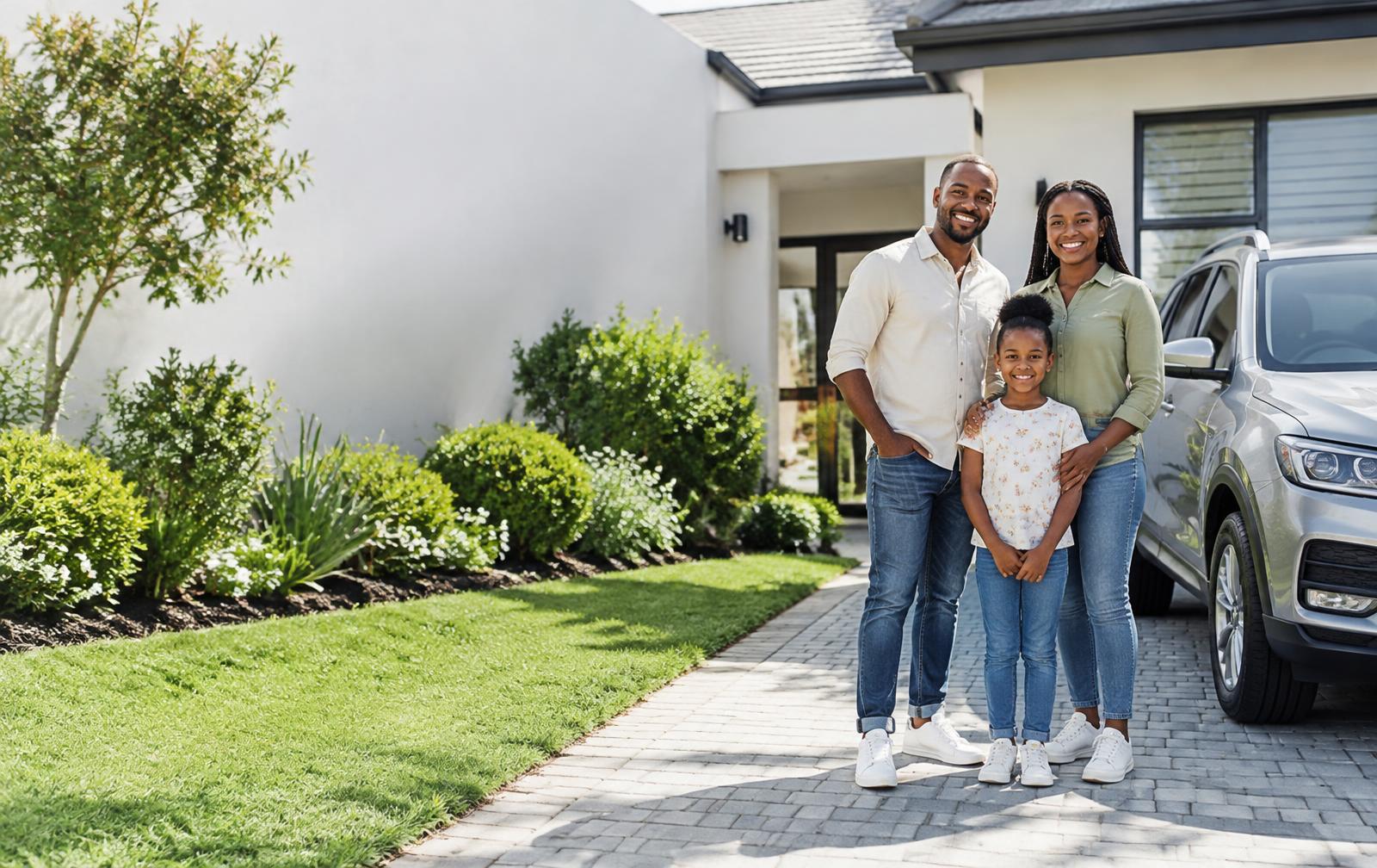 A South African family outside their home beside their car